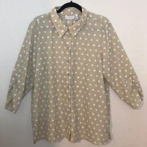 Susan Graver Beige White Polka Dot Long Sleeve Blouse - Size Large